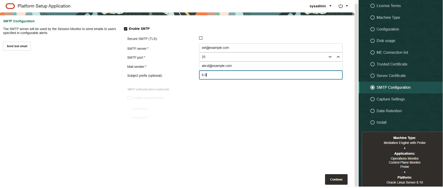 SMTP Configuration page