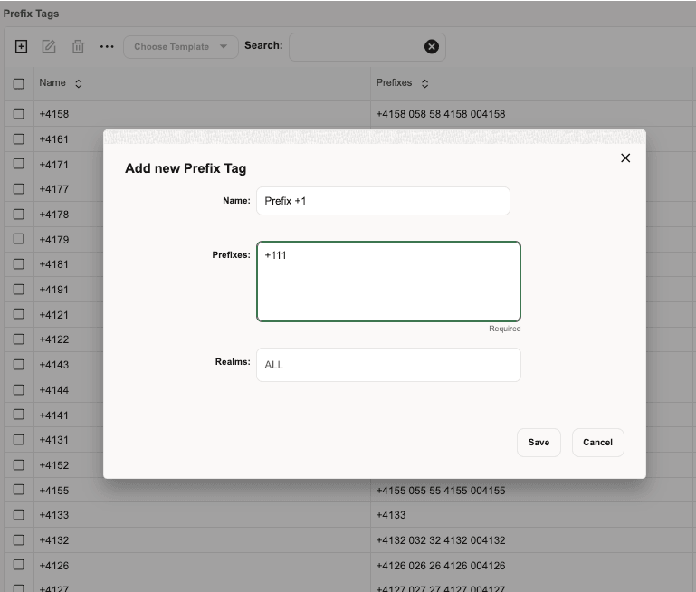 Prefix Tags page and the edit dialog box that is used to edit existing phone prefix tags