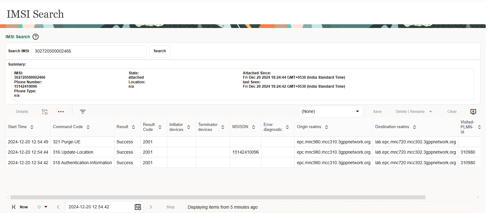 Control Plane Monitor IMSI Search Page
