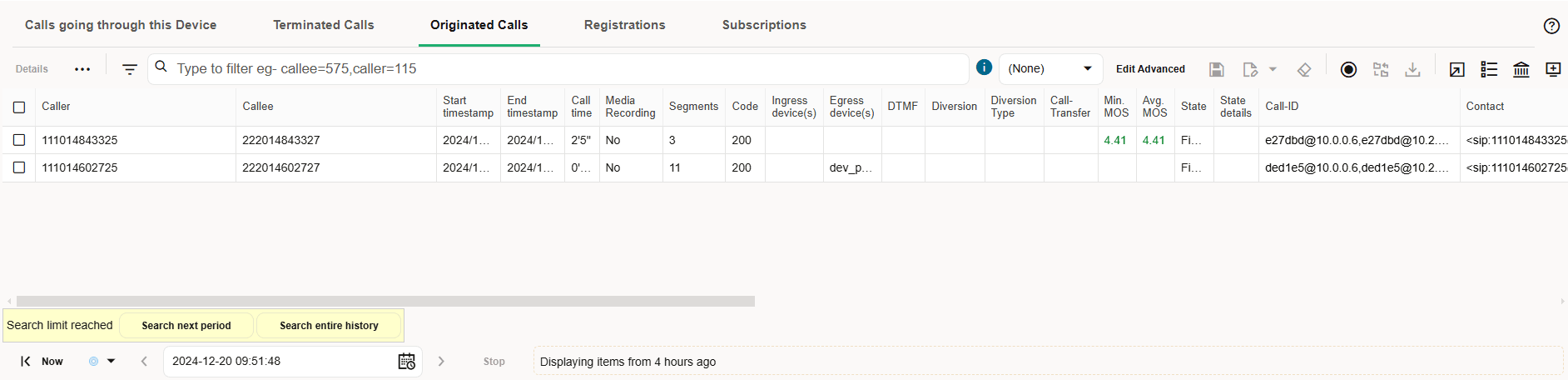 Originated Calls Tab