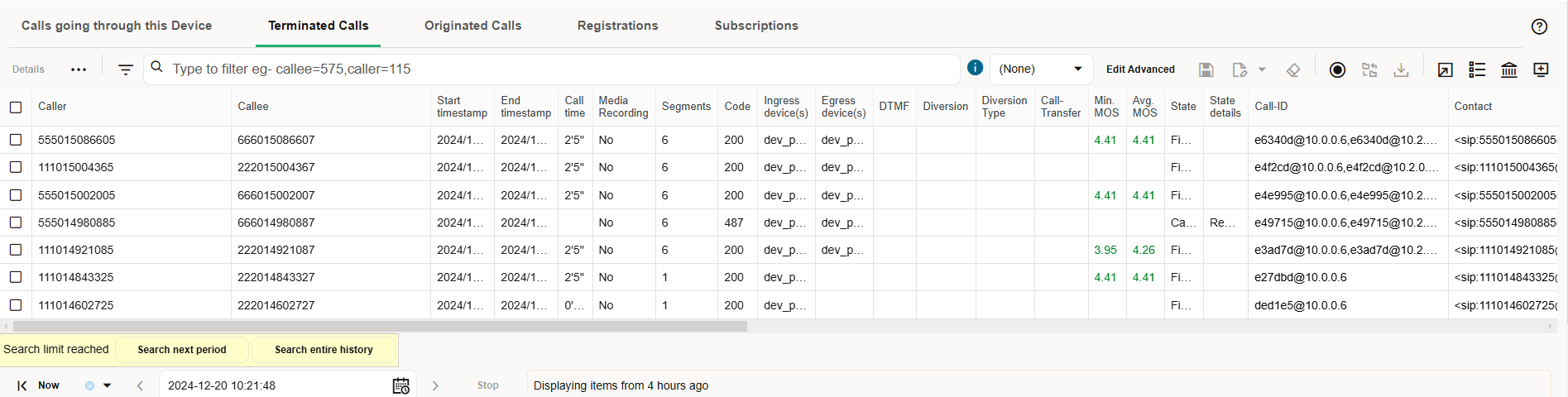 Termincated calls tab