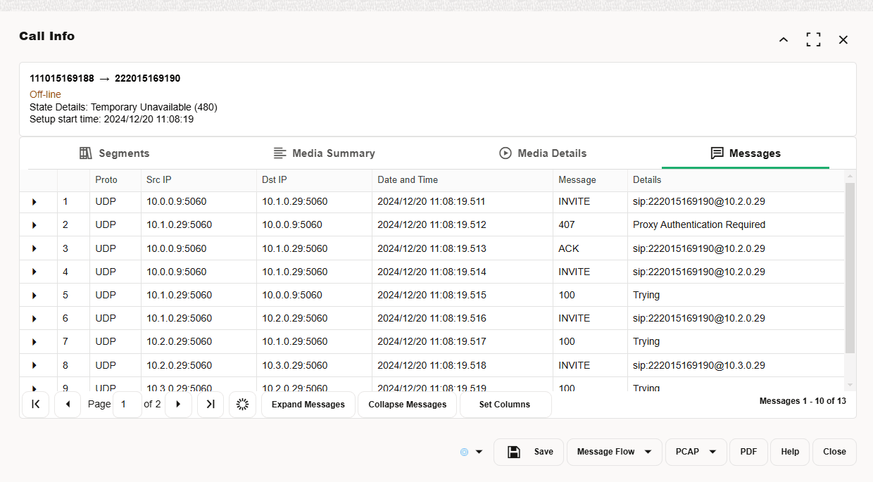 Call Details - Messages Tab
