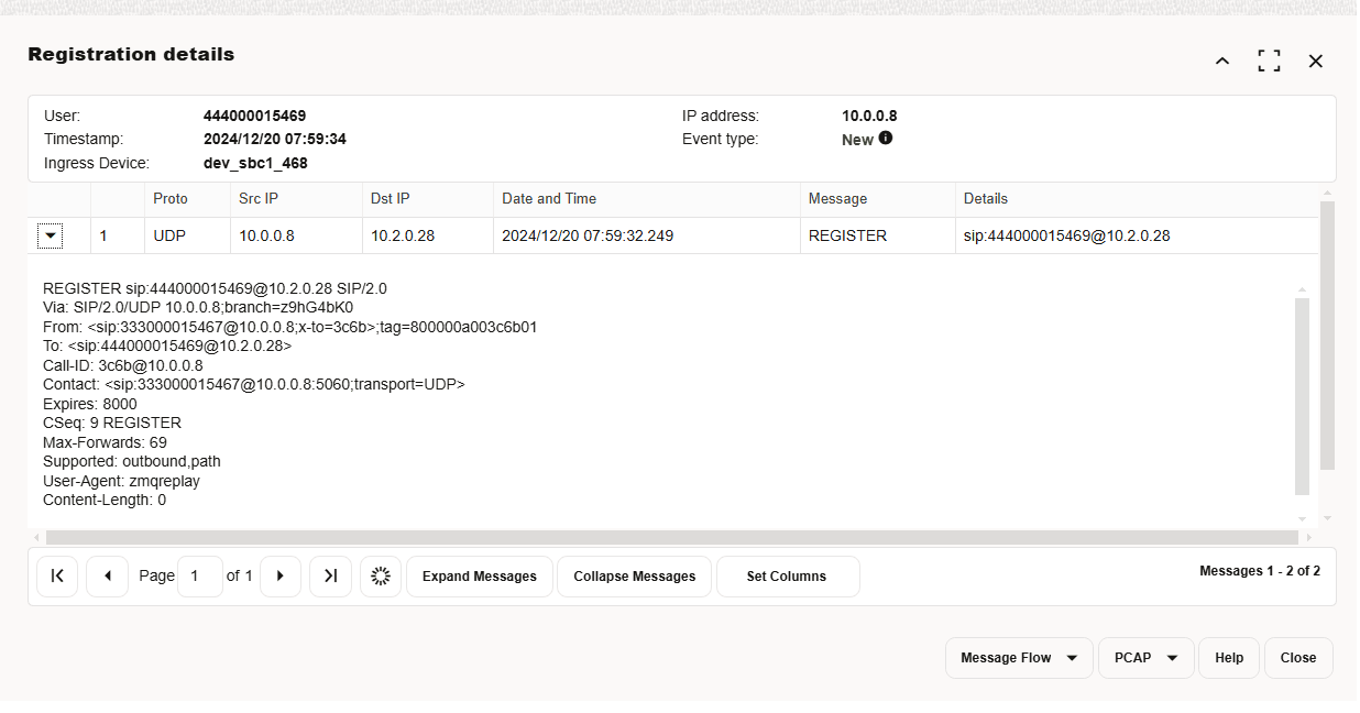 Registration Details Window with One Expanded Raw Message