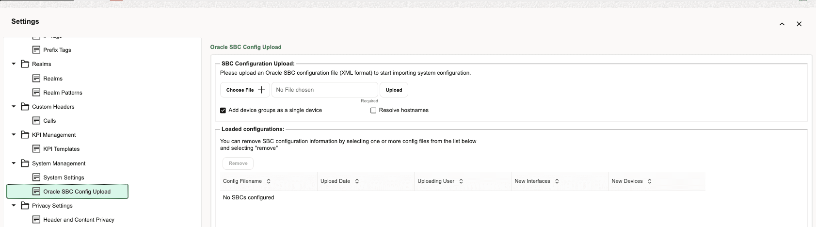 SBC Configuration Import Wizard Page