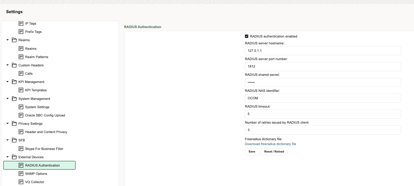 RADIUS authentication enabled page