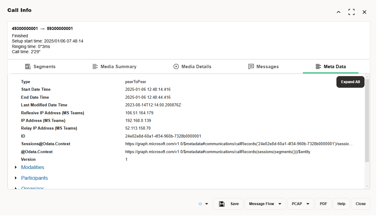 Meta Data tab in Call Info window