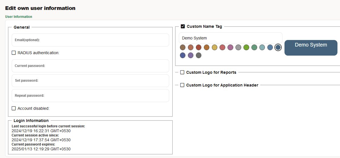 Edit own user information screen