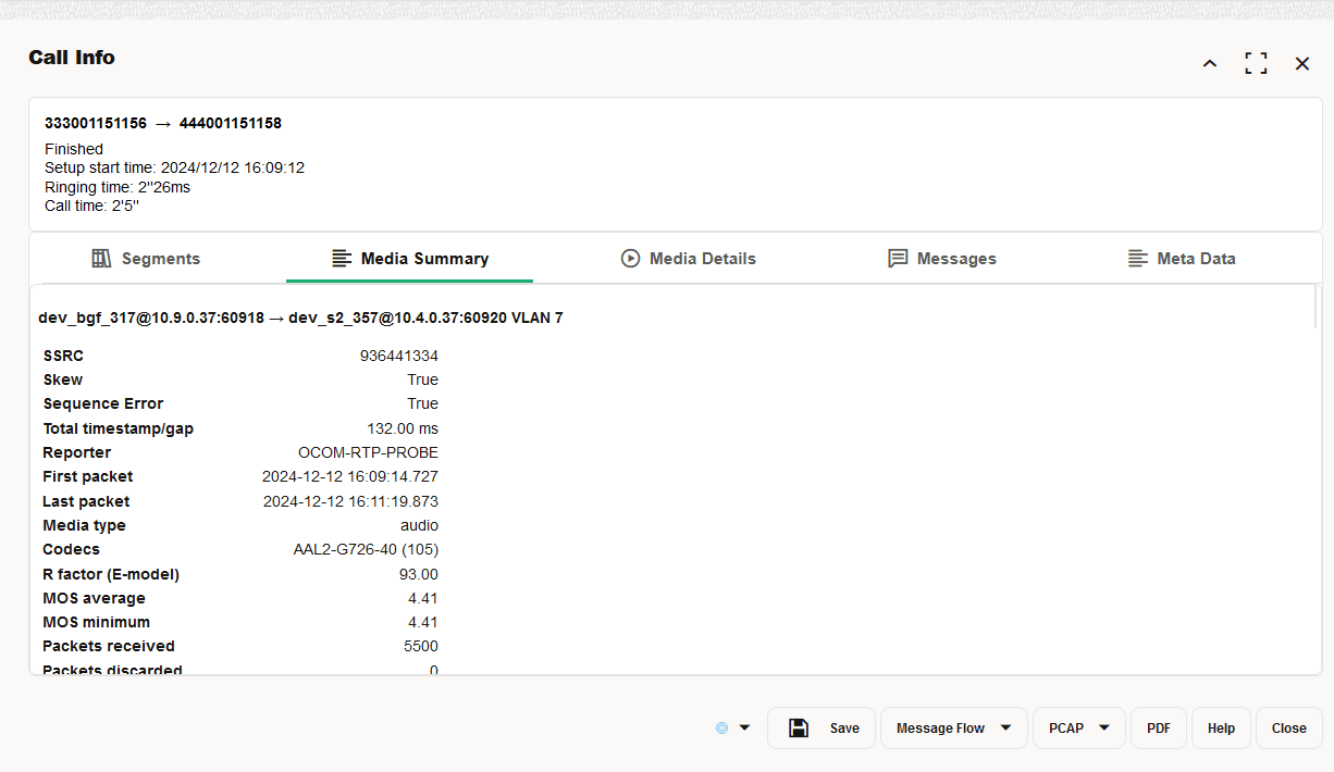 Call Details - Media Summary Tab