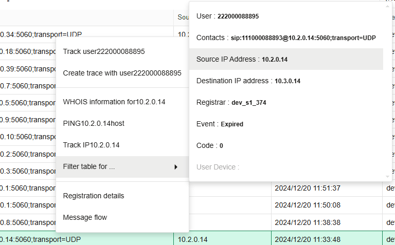 Registrations Table - right-click contextual menu