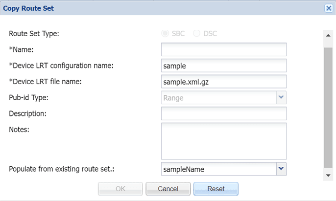 Copy Route Set dialog box