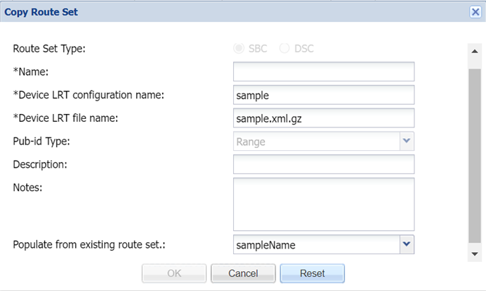 Copy Route Set dialog box