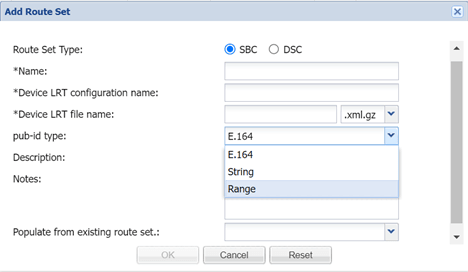 The Add Route Set page in SDM Release 9.0.2