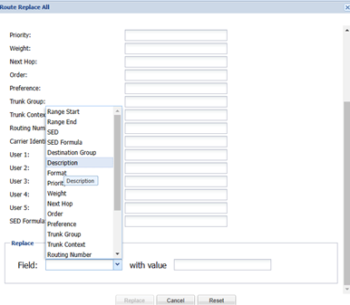 Route Replace diaog box with fields that can be replaced