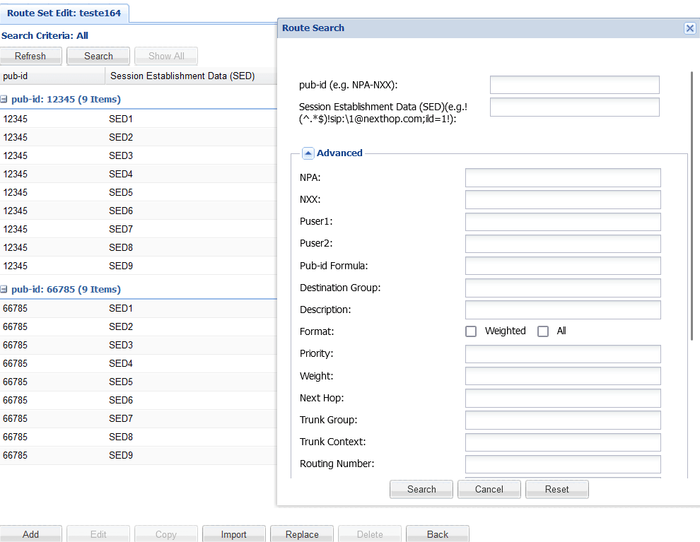 Search Route dialog box