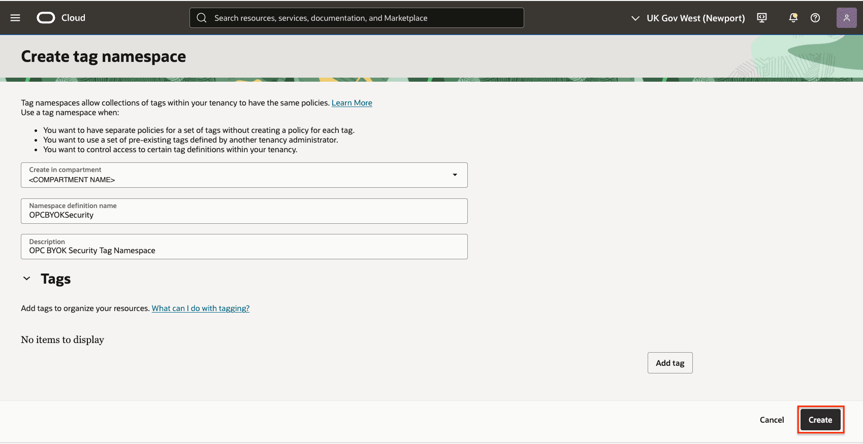 The Create Tag Namespaces screen.