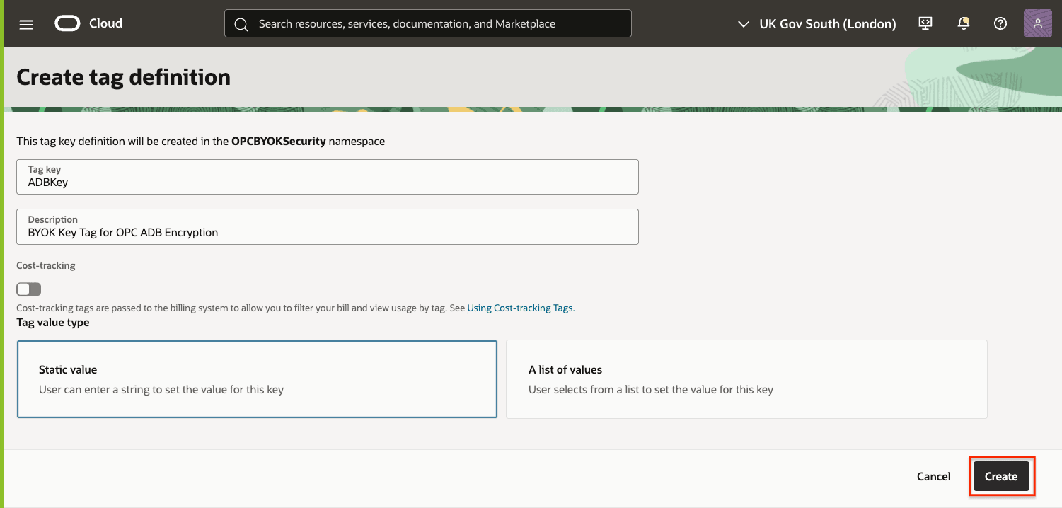 The Create tag definition screen. The Create tag definition screen.
