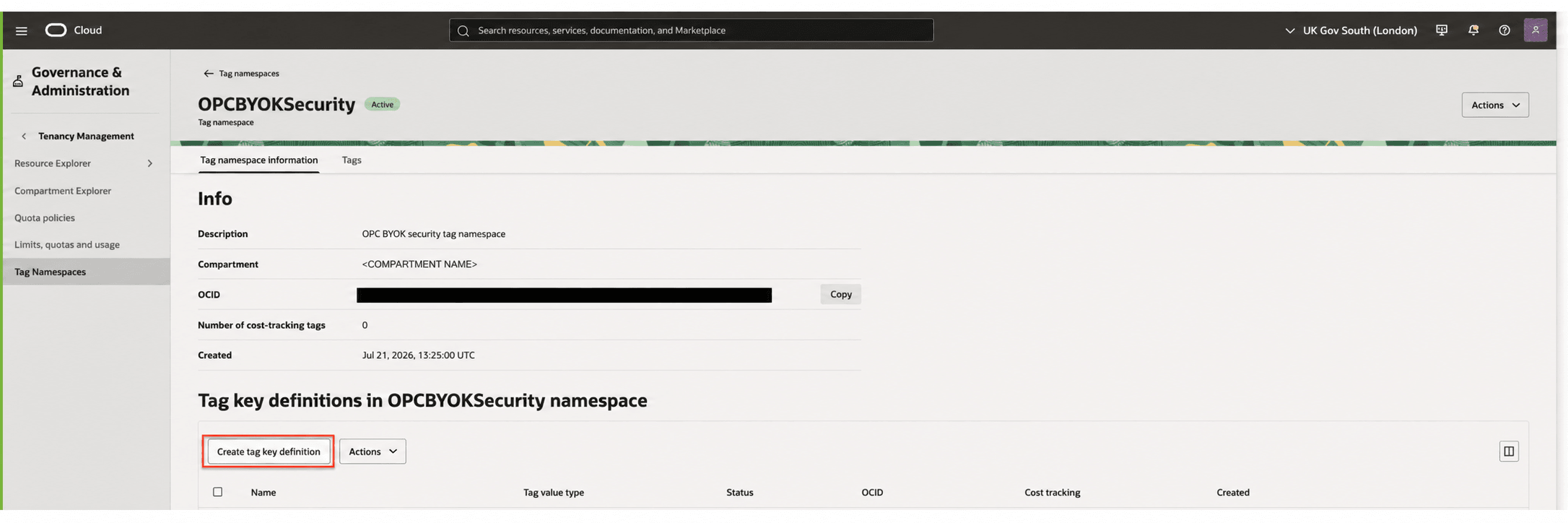 The Tag namespace screen. The Tag namespace screen.