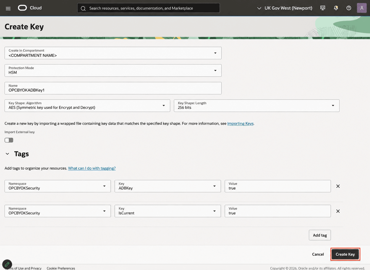 The Create Key screen showing the ADP key and tags.