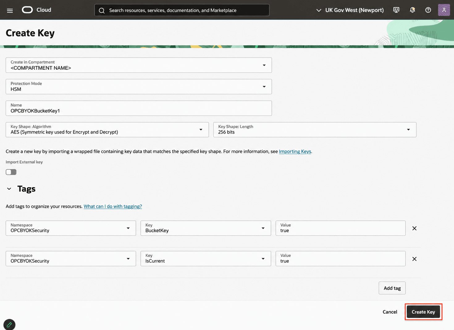 The Create Key screen showing the Object Storage Bucket key and tags.