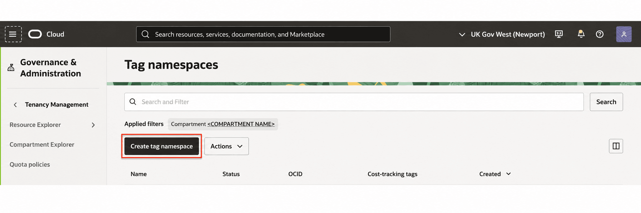The Tag namespaces screen to show the Create tag namespace button.