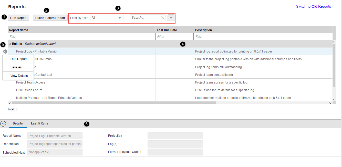 Reports Page interface