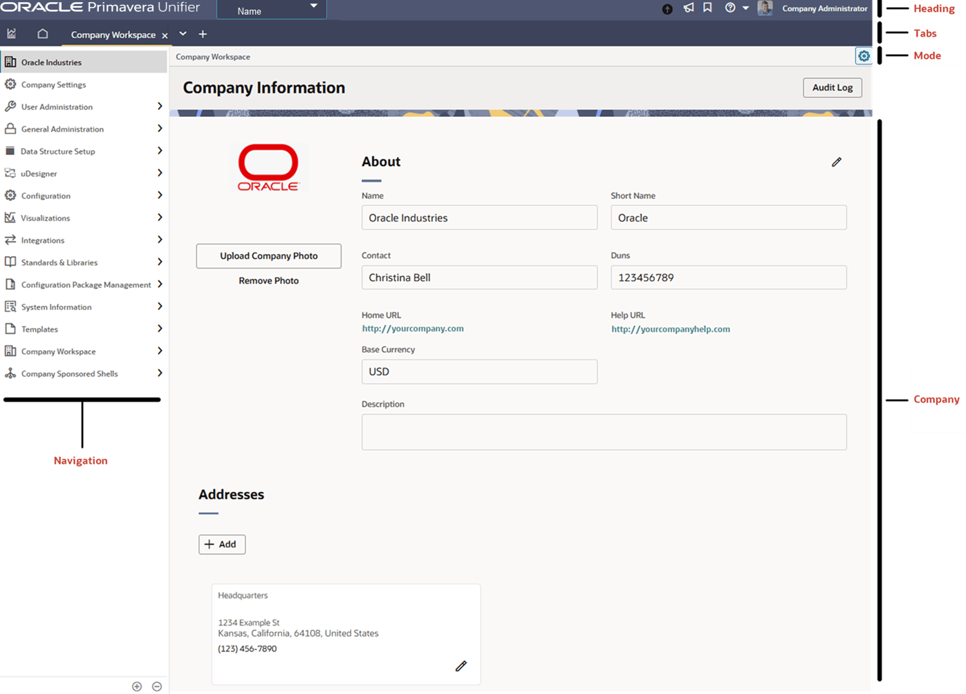This image displays the company workspace landing page when you are in admin mode.