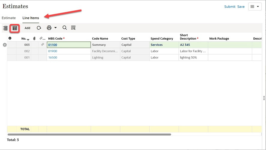 This image shows the grid view in the line items tab.