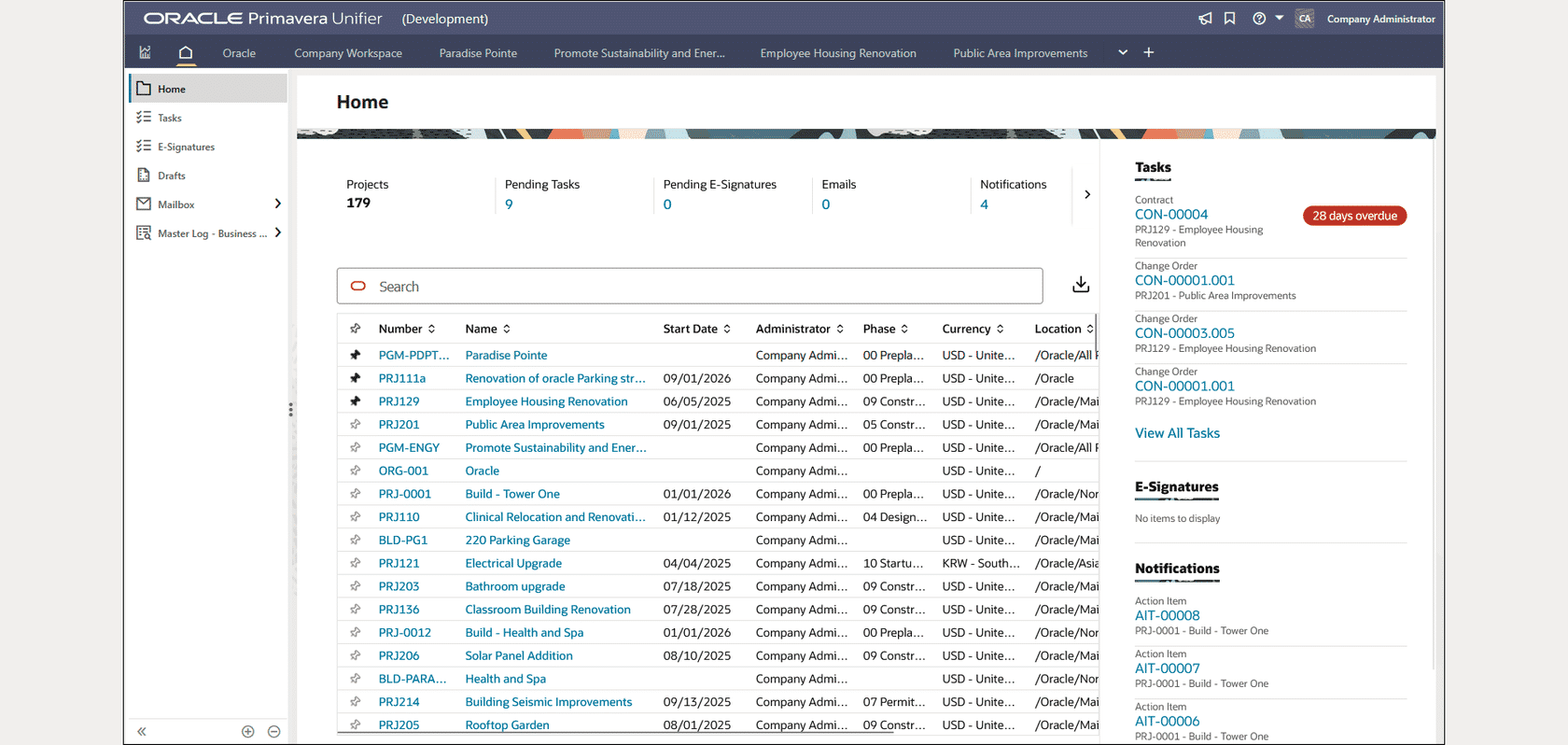 This image displays the Unifier Home Page UI