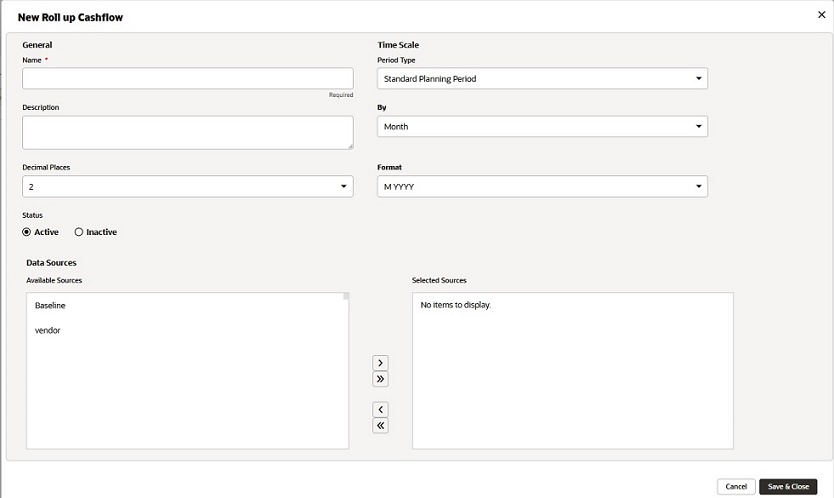 This image displays the new roll up cashflow window.
