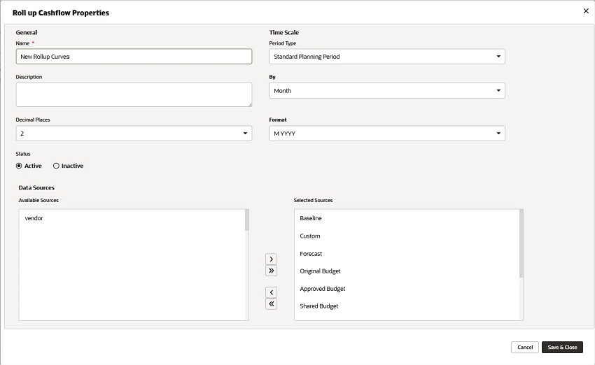 This image displays the rollup cashflow properties window.