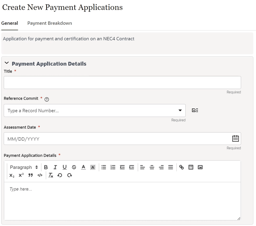 Create new payment applications details