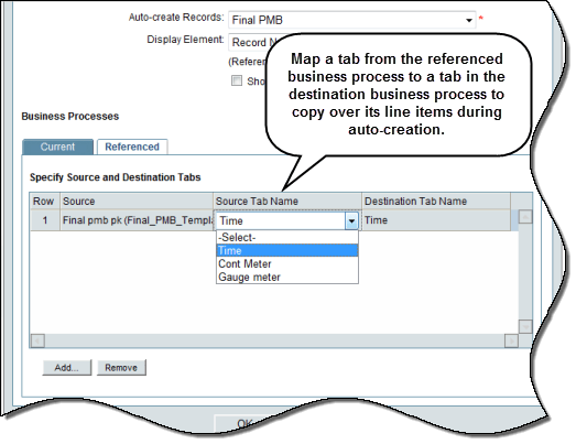 Map a tab from the referenced business to a tab in the destination business process to copy over its line items during auto-creation.