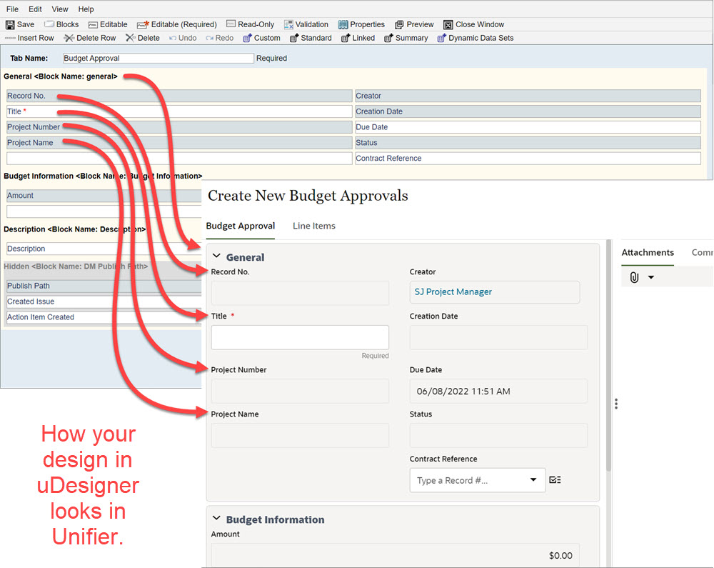 How your design in uDesigner looks in Unifier. The values that you put in uDesigner fields will directly correspond to form fields in Unifier.