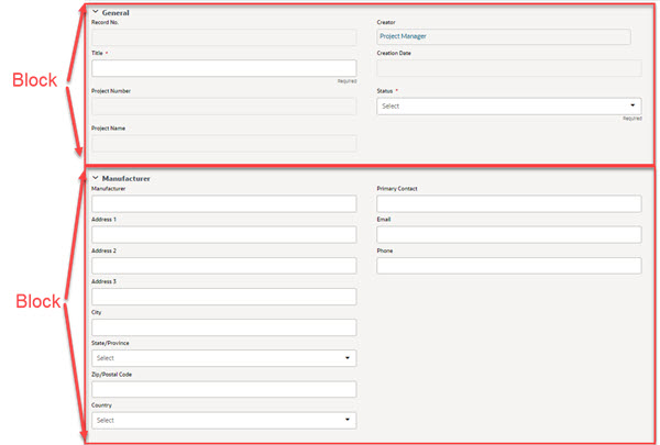 The blocks of a form are separated by thin borders and bolded labels at the top of each block.