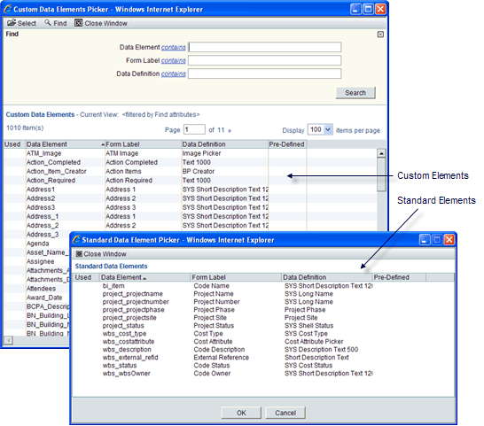 This image shows the custom elements and standard elements windows.
