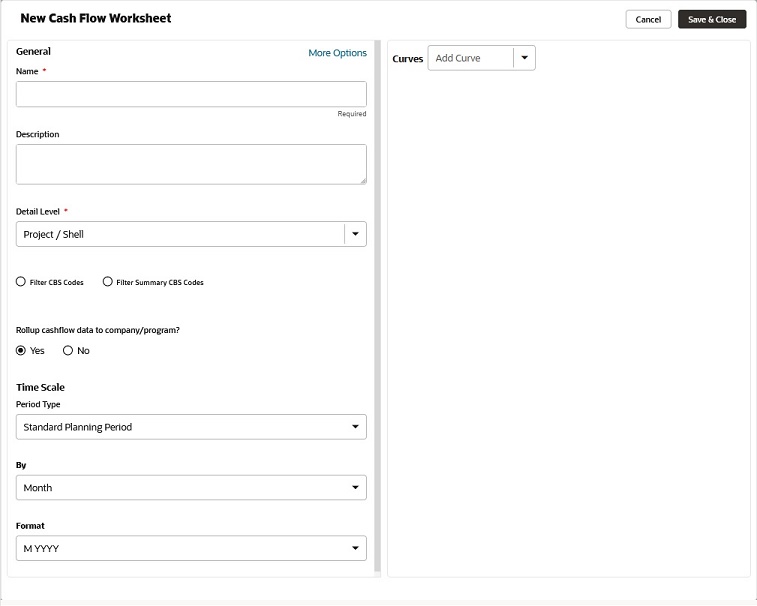 This image displays the new cash flow worksheet window.