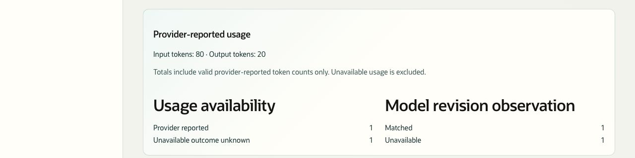 Provider-reported token usage with usage availability and model-revision observations.