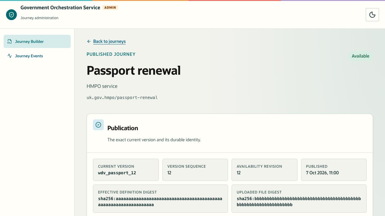 Published journey details with current version, availability revision, publication time, and definition digests.