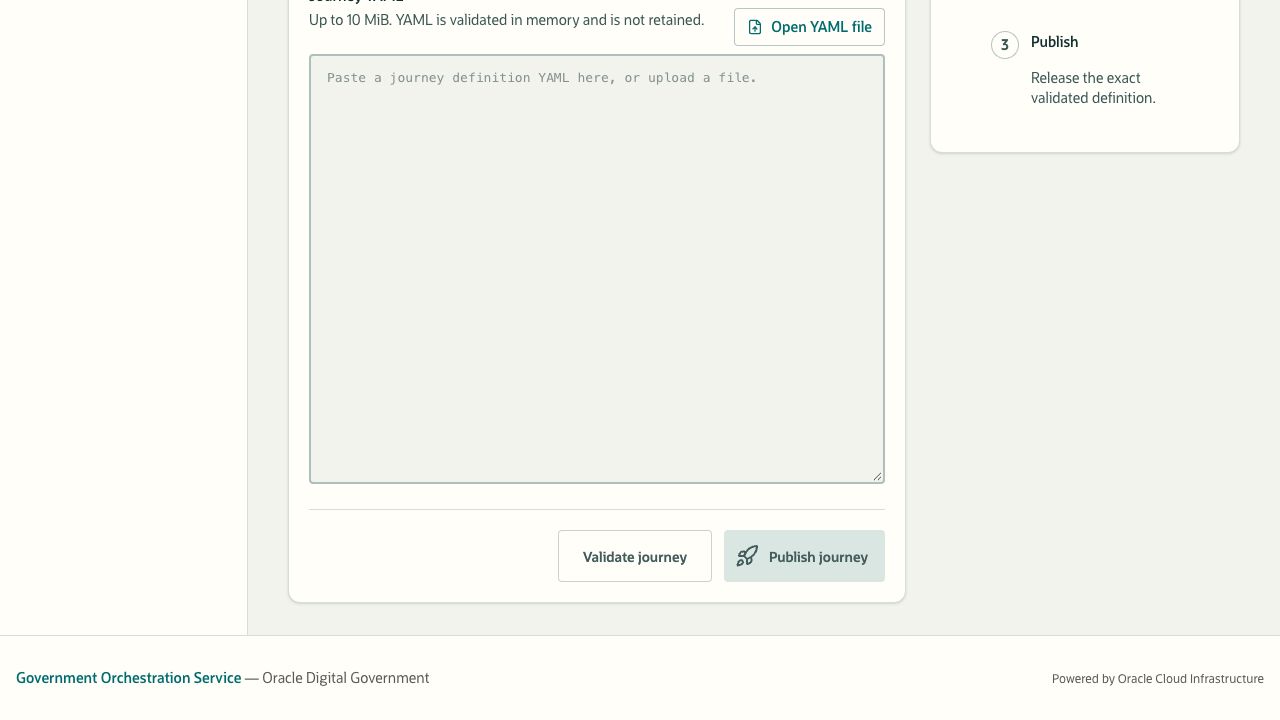 Journey YAML editor with Open YAML file and disabled Validate journey and Publish journey actions for an empty draft.