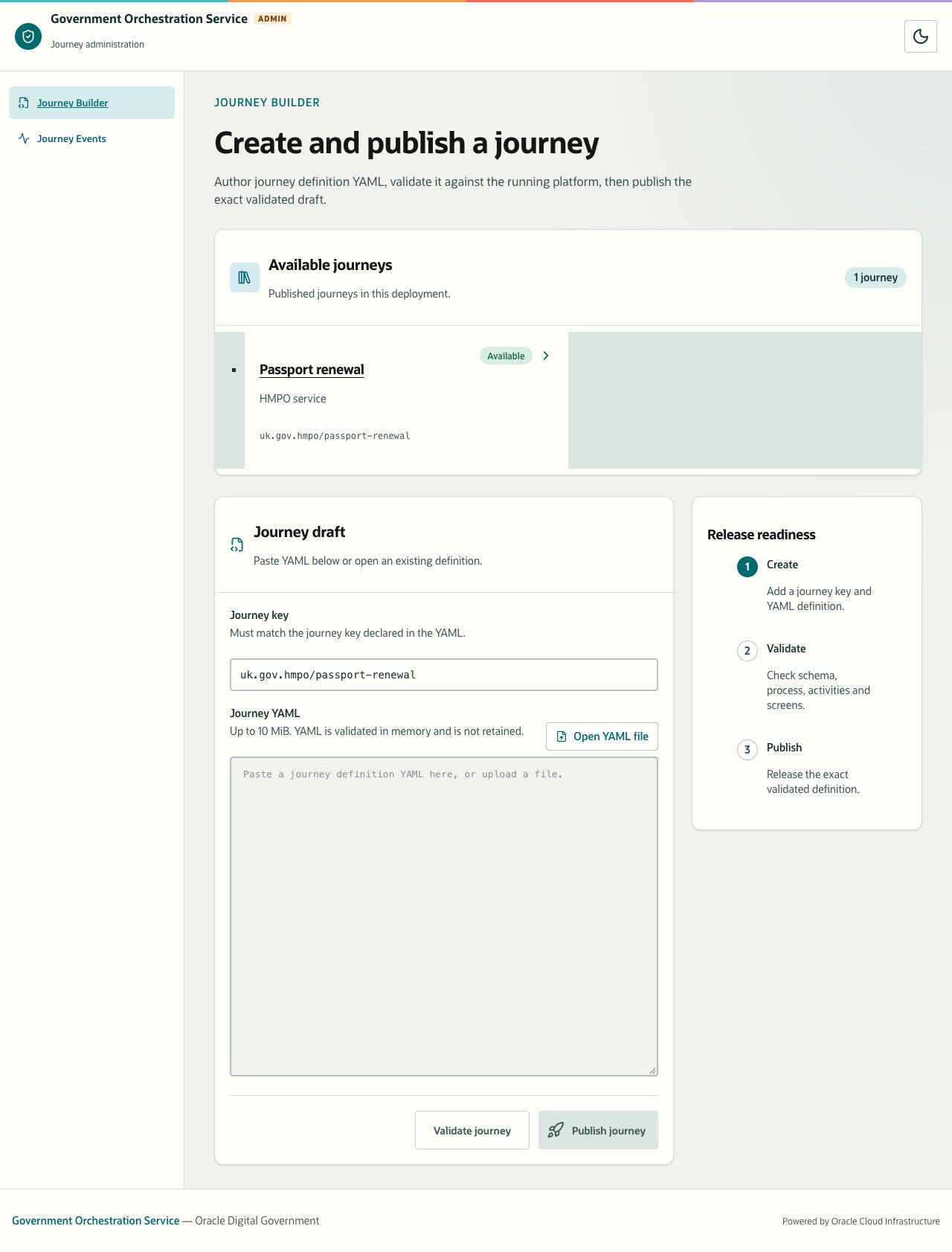 Journey Builder with available journeys, the journey key and YAML editor, and release-readiness steps.