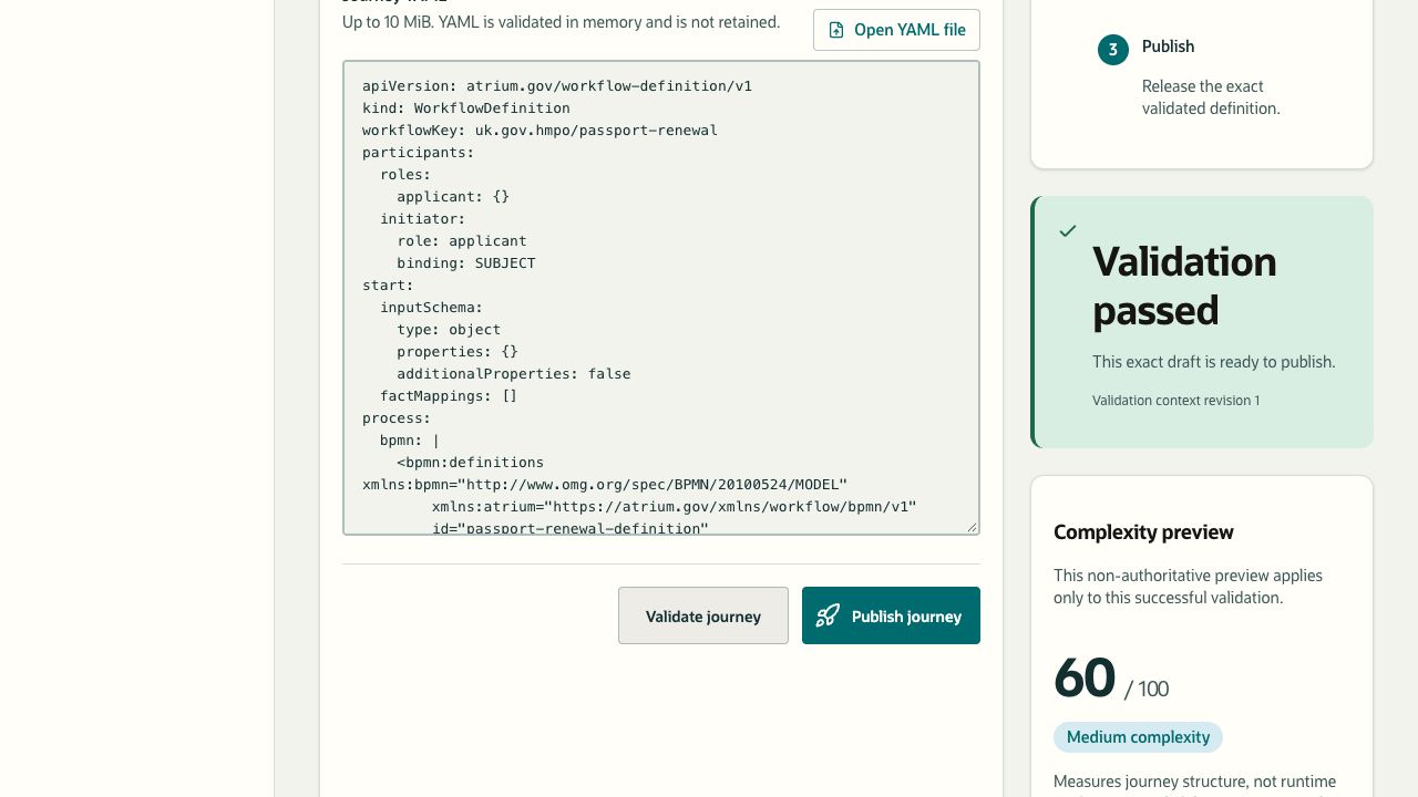 Successful journey validation with Publish journey enabled and a structural complexity preview.