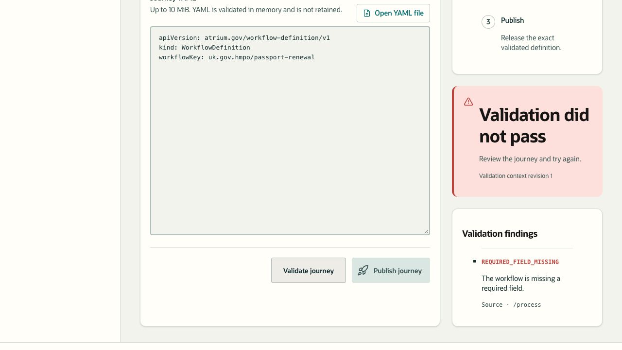 Journey validation that did not pass, showing a required-field finding for the process.