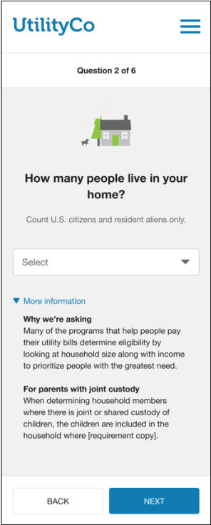 Question: How many people live in your home, with a picture of a house, a select drop down, a more information section expanded, a back button, and a next button. 