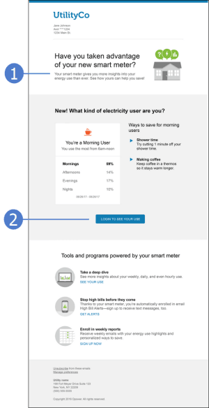 Image of AMI Customer Education Report which directs the customer to utility web pages where they can view more of their energy use trends and enroll in other AMI programs and communications offered by the utility