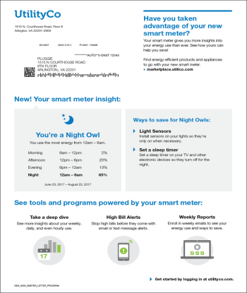 Print Engagement Customer Education Report which directs the customer to utility web pages where they can view more of their energy use trends and enroll in other AMI programs and communications offered by the utility.
