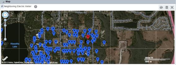 The map panel view of meter data displaying a single, red pinpointed meter surrounded by blue neighboring meter pinpoints