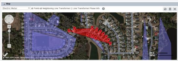 Map view of line transformer data displayed as a red polygone covering the supplied area of the map with child meter points, and adjacent transformers indicated by purple polygones
