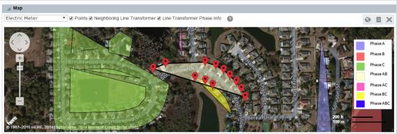 Map view of line transformer data displaying adjacent transformer polygones color coded by phase