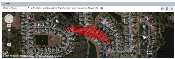 Map view of line transformer data displayed as a red polygone covering the supplied area of the map with child meter points