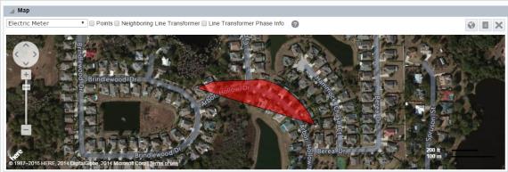 Map view of line transformer data displayed as a red polygone covering the supplied area of the map